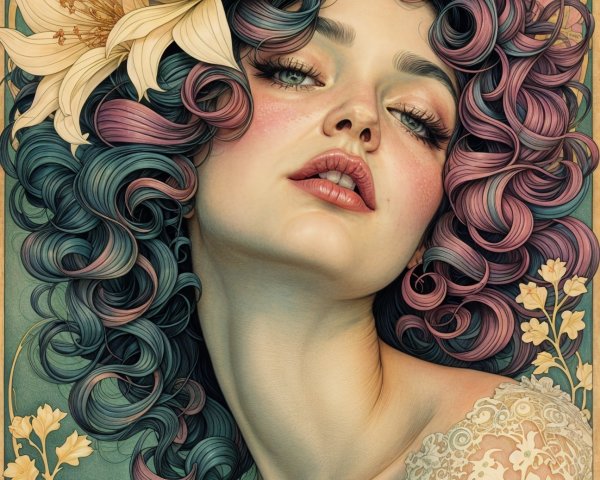 Portrait of a Woman with Colorful Curls and Lily