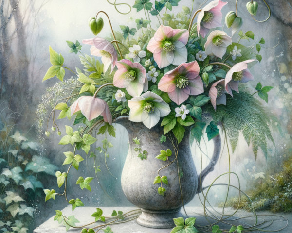 Bouquet of Pink and White Flowers in Silver Pitcher