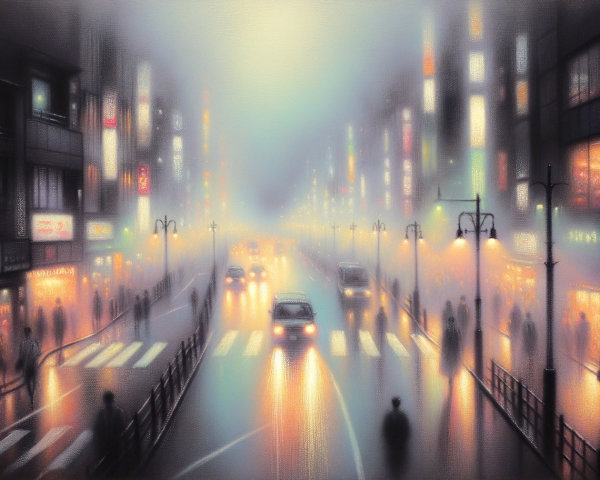 Foggy cityscape with glowing lights and reflections