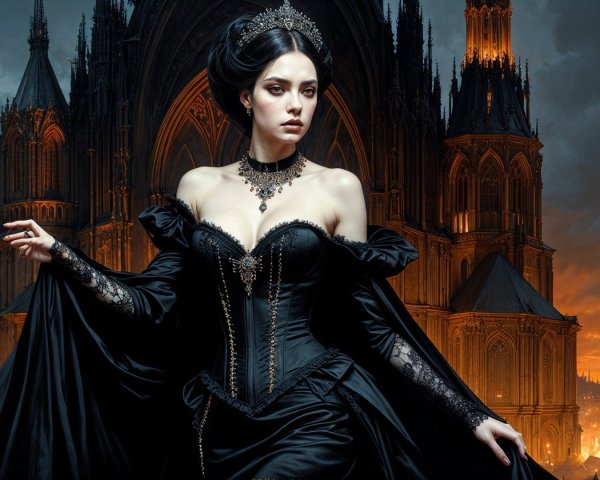 Regal figure in black gown against gothic backdrop