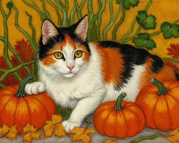 Calico Cat Among Vibrant Pumpkins and Autumn Leaves
