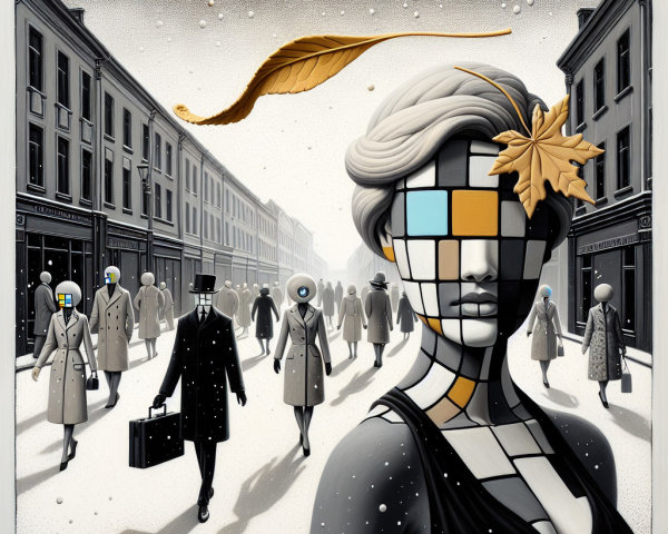 Surreal Urban Scene with Fragmented Faces and Mist