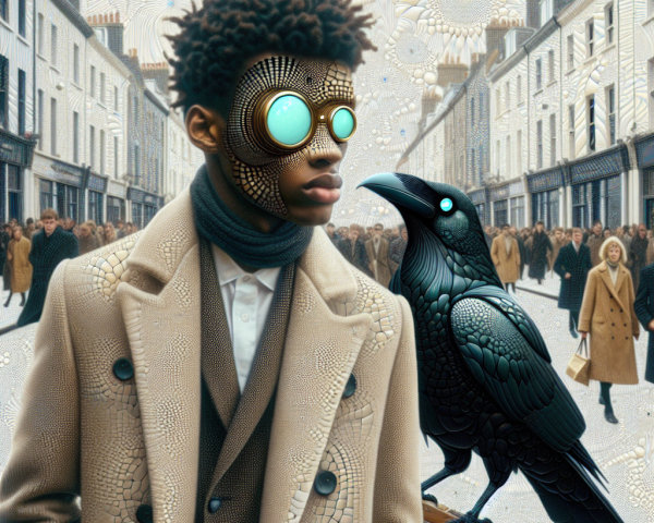 Surreal Street Scene with Young Man and Raven
