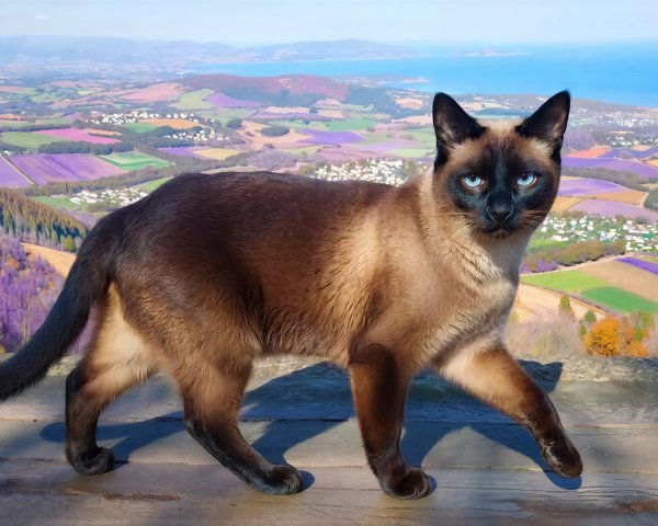 Siamese cat on wooden platform in vibrant landscape
