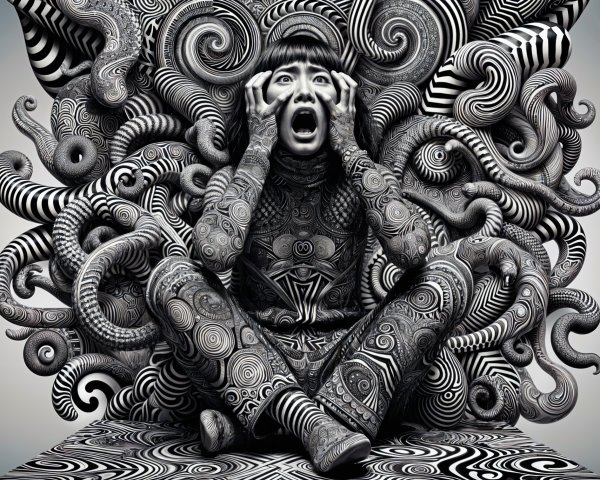 Person in Chaos Surrounded by Abstract Patterns