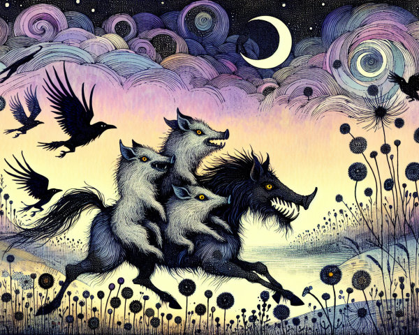 Whimsical Twilight Scene with Playful Wolves and Crows