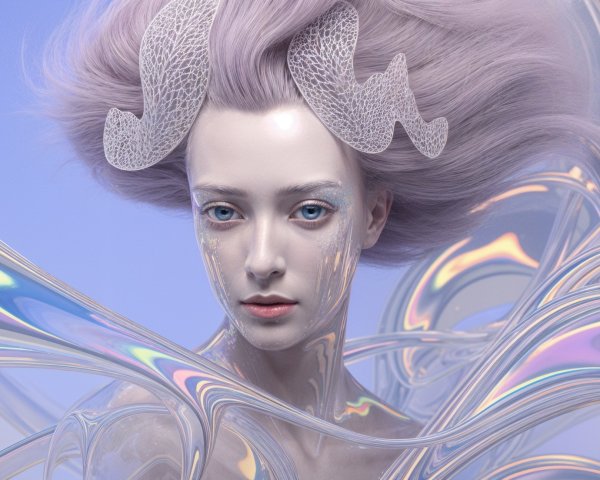 Ethereal figure with iridescent hair and soft pastels