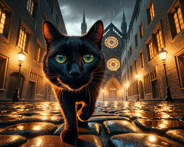 Black Cat on Cobblestone Street at Night with Cathedral