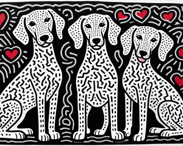 Cartoon Dogs with Hearts on Black Background