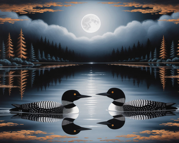 Loons on a Serene Lake Under a Full Moon