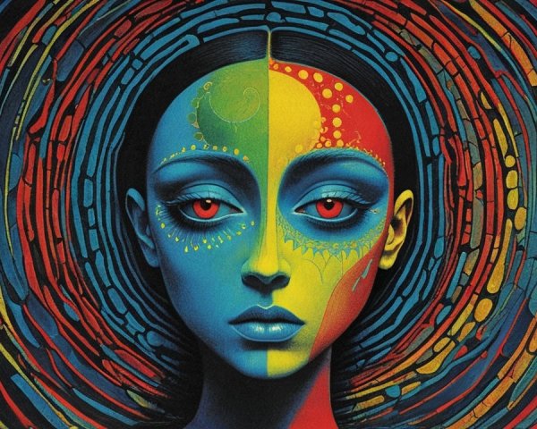 Stylized portrait of a woman with bold facial paint