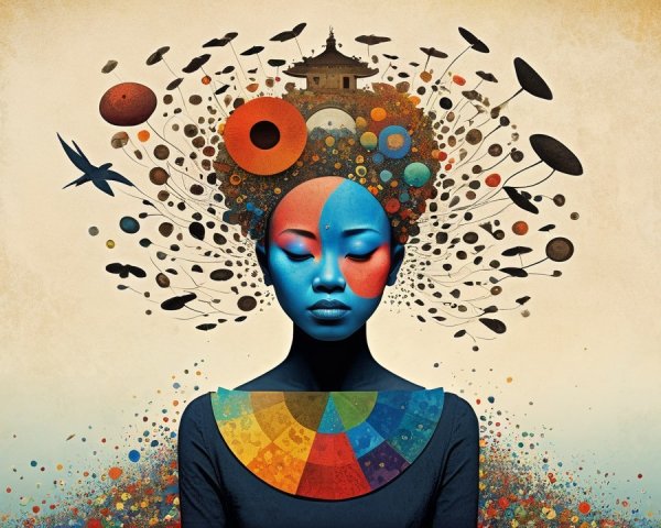 Surreal Portrait of a Woman with Colorful Hair Elements