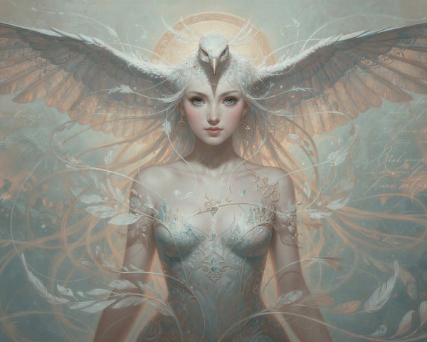 Digital Painting of a Serene Woman in White and Gold