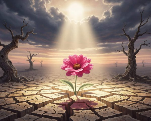 Vibrant Pink Flower in Dry Desert Landscape Under Sky