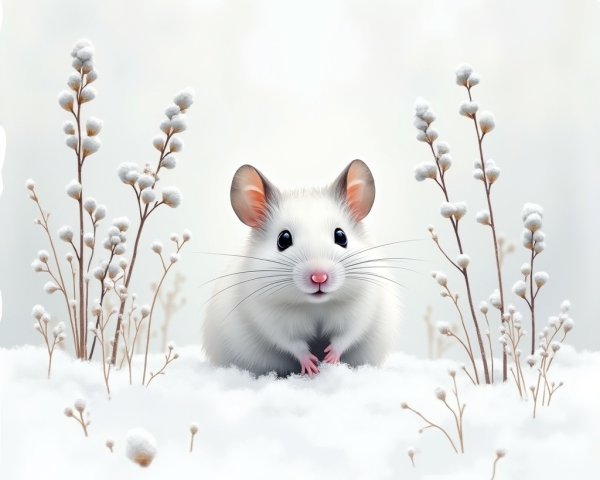 Fluffy White Mouse in Serene Winter Snow Scene