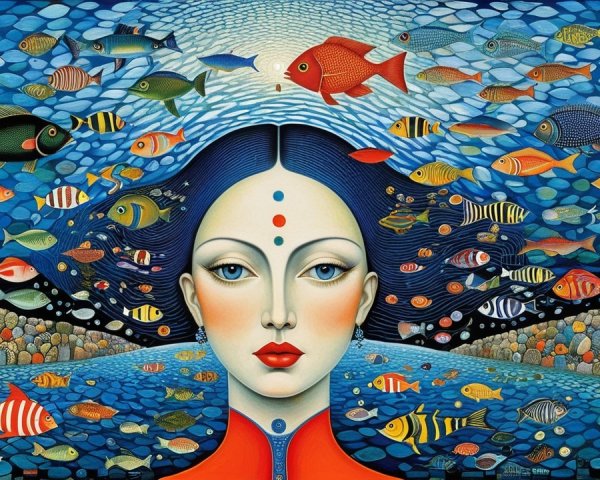 Serene Woman in Vibrant Underwater Scene with Fish