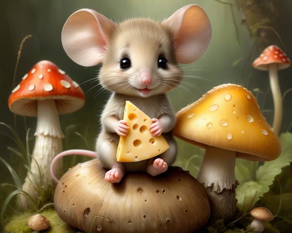 Whimsical Forest Scene with Mouse and Mushrooms