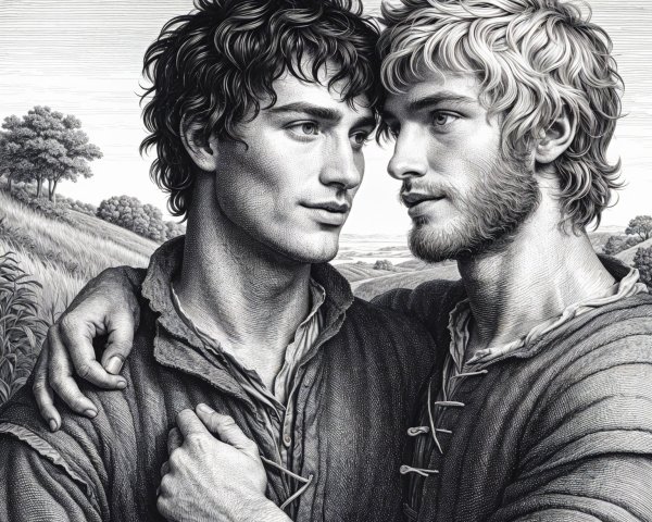 Young Men Embracing in Serene Landscape Illustration