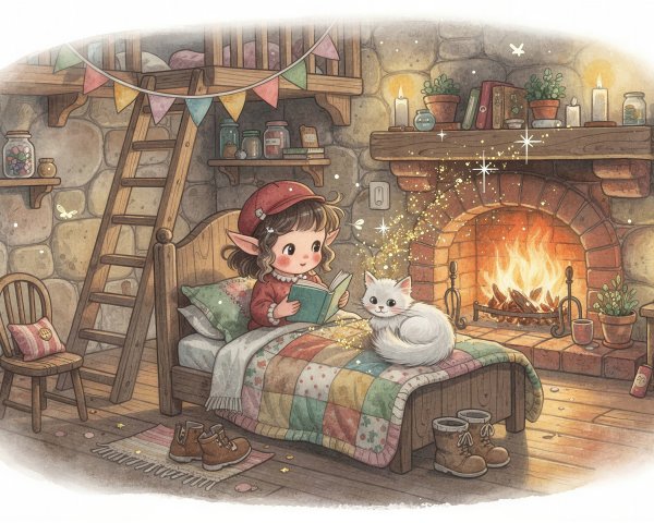 Watercolor Painting of Elf Girl Reading in Cozy Room
