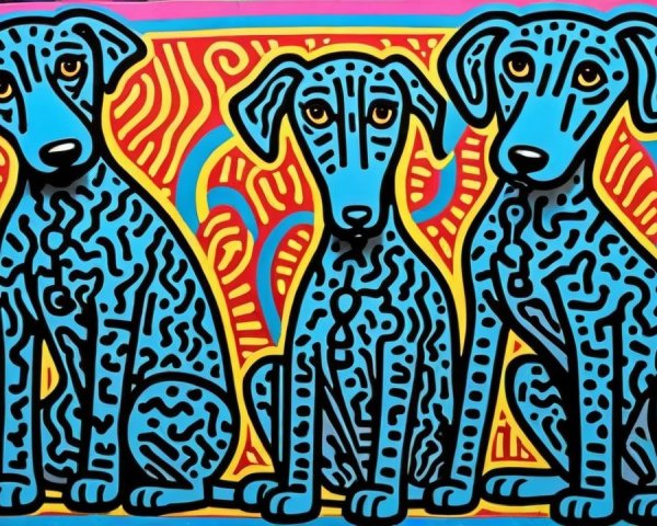 Colorful Artwork of Three Stylized Dogs on Vibrant Background