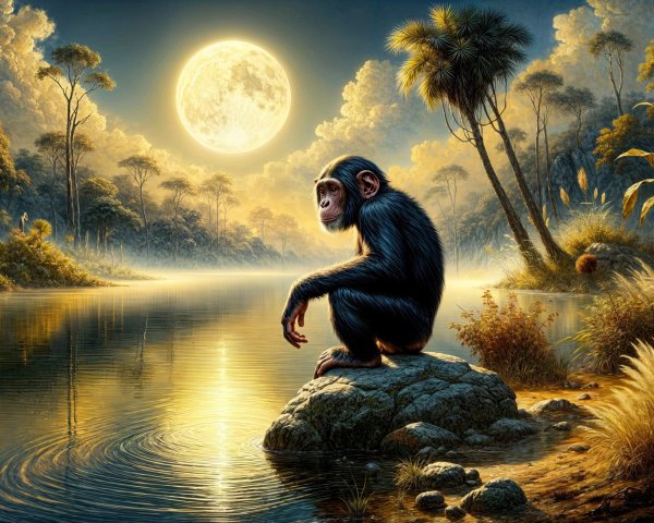 Chimpanzee by River Under Full Moon at Night