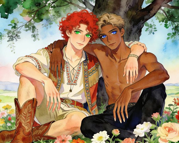Young Men Sitting on Grass Surrounded by Flowers