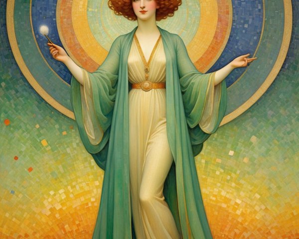 Elegant woman in green gown with glowing orb and wand