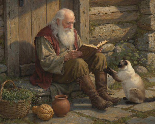 Old man reading on cabin steps with playful Siamese cat