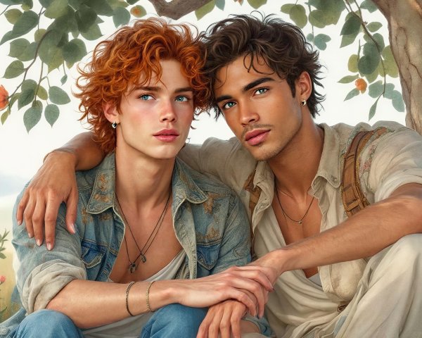 Young men seated under a tree in a flower field