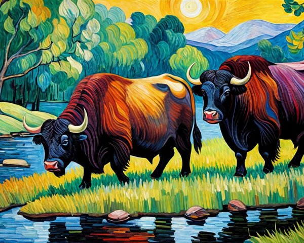 Vibrant Landscape with Bison Grazing by River