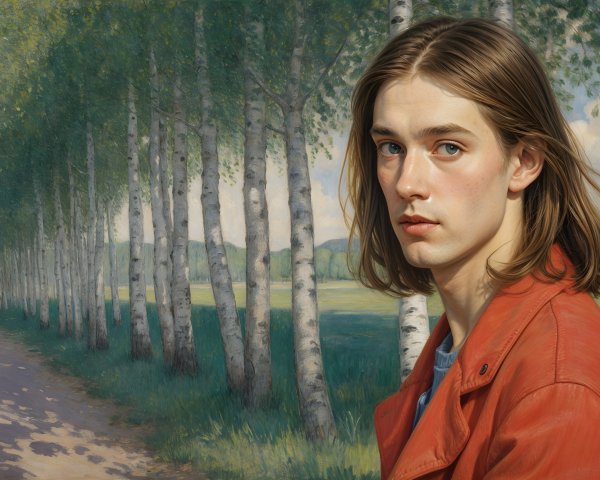 Young person in red jacket in serene landscape