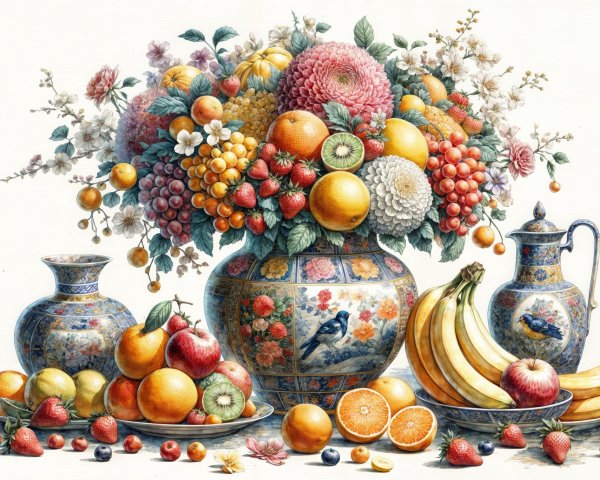 Vibrant Still Life with Flowers and Fruits Arrangement