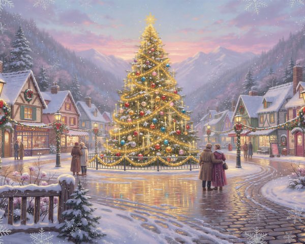 Winter Village Scene with Christmas Tree and Snowfall