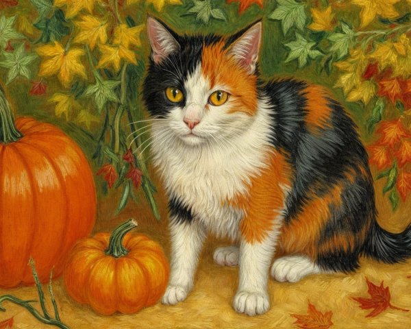 Calico Cat Amidst Autumn Leaves and Pumpkins