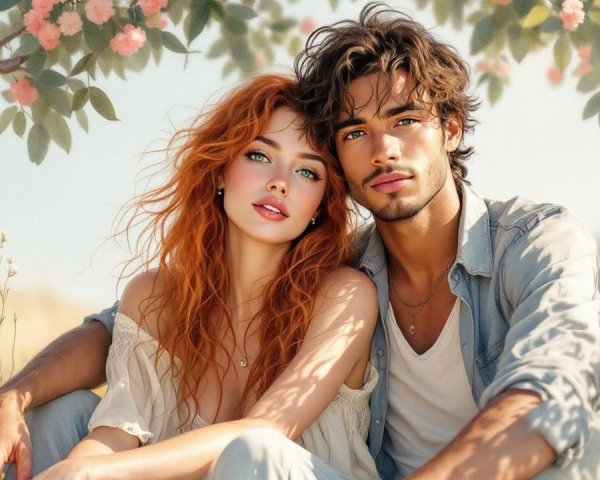 Young couple in a sunlit field with blooming flowers