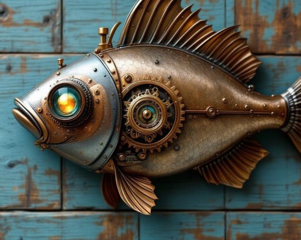 Steampunk Fish Sculpture with Metallic Textures and Gears