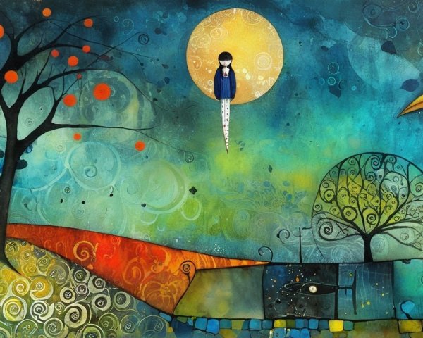 Whimsical Painting of Girl Near Golden Moon and Trees