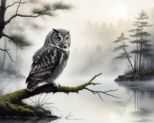 Majestic Owl on Mossy Branch by Misty Lake