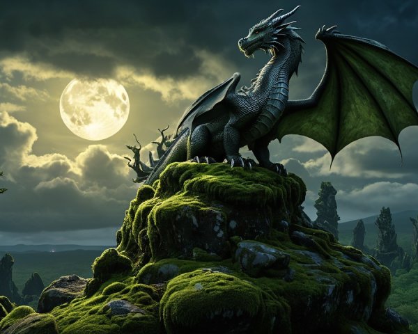 Majestic dragon on mossy rock under full moon