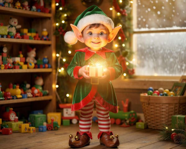 Young Child Dressed as Christmas Elf in Festive Room
