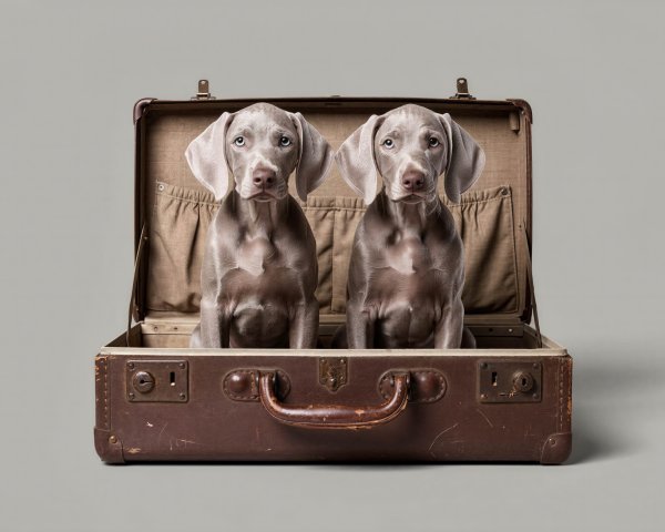 Weimaraner Puppies in Vintage Leather Suitcase