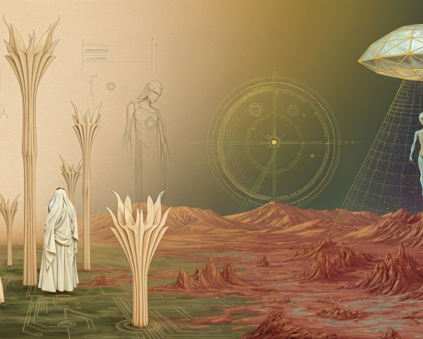 Otherworldly Landscape with Figures and UFO Elements