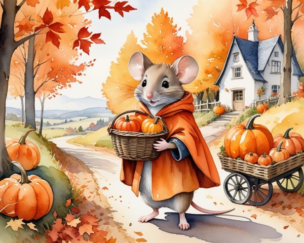 Charming Autumn Scene with Mouse and Pumpkins