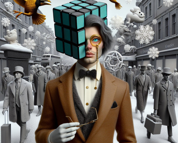 Surreal Cityscape with a Man and Rubik's Cube Head