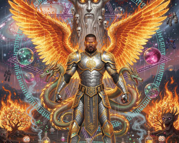 Epic Fantasy Art of a Man with Fiery Wings and Dragons