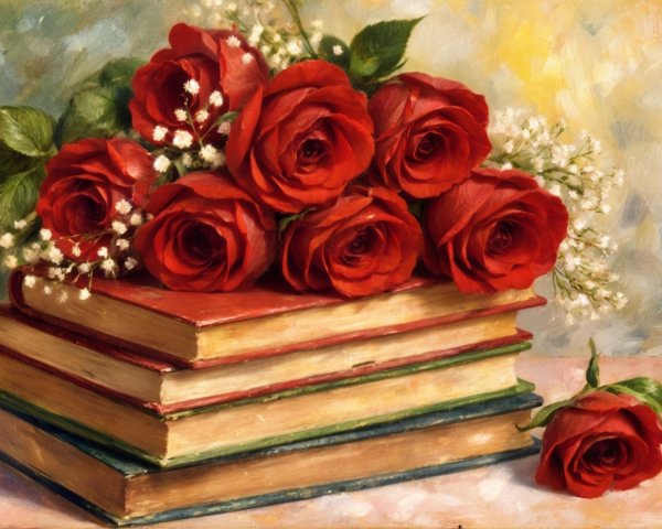 Vintage Books and Red Roses Still-Life Composition