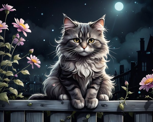 Cat on Wooden Fence Under Moonlight with Flowers