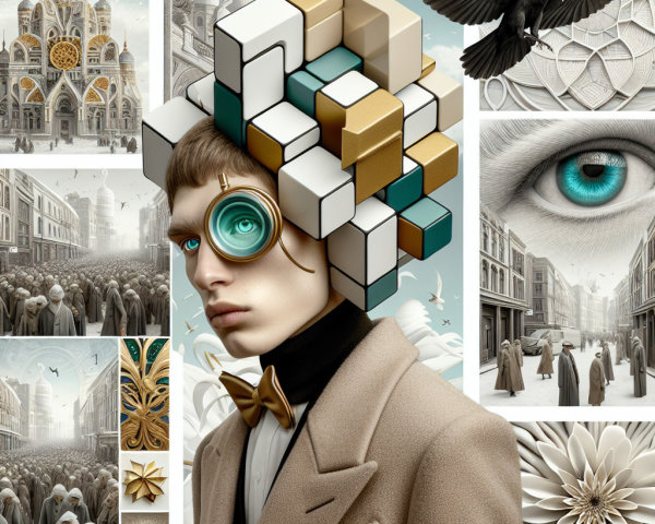 Surreal Collage with Geometric Hat and Monochrome Crowd