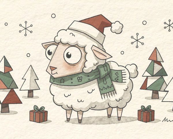 Watercolor Illustration of Cartoon Sheep in Christmas Scene