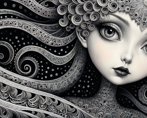 Monochromatic Portrait of a Girl with Abstract Hair